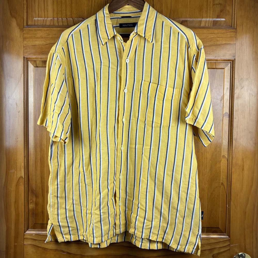 Nautica Mens L Yellow Striped Linen Blend Short Sleeve Button Down Shirt Retro